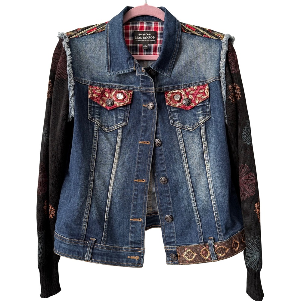 🌼 Montanaco Embroidered Denim‎ Jacket with Knit Sleeves Boho– Size Medium